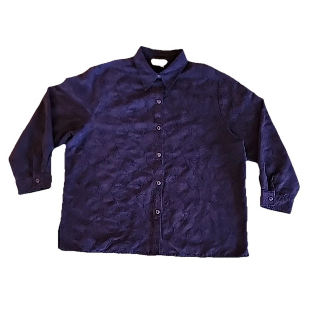 VTG Women Button Up Top Sz 1X Floral Embroidered Blue Tunic Boho Casual‎ Office
